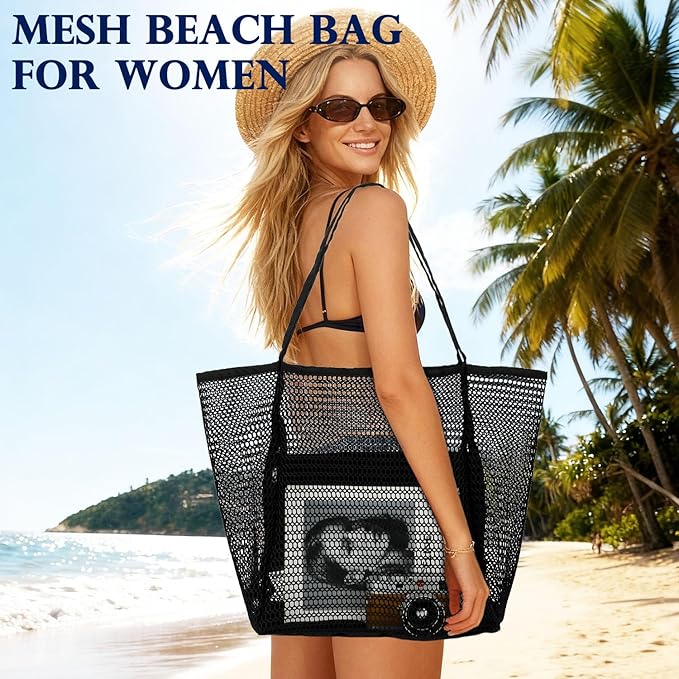 Fammart Mesh Beach Bag, Large Beach Tote with Zipper Pocket for Family Pool Bag for Toys & Vacation Essentials