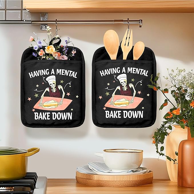 Gothic Skeleton Oven Mitts Set, Funny Baking Gifts for Women, Funny Goth Heat Resistant Kitchen Oven Gloves for Baking and Cooking,Pot Holders