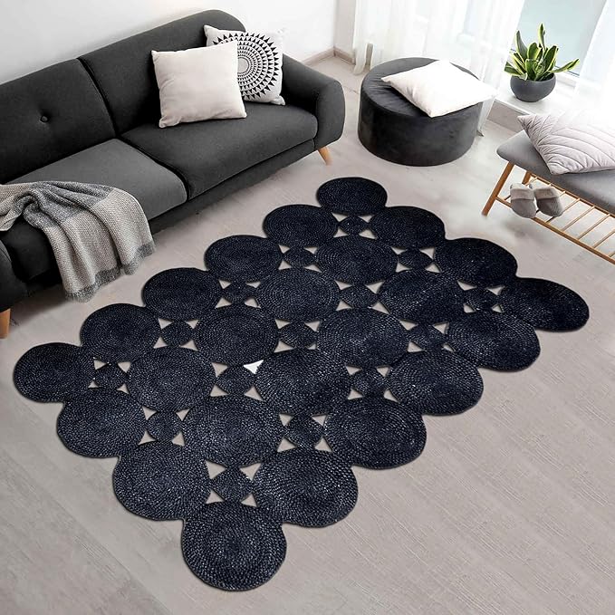 Scalloped Jute Rug, Hand Woven Runner Area Rug, 5x10 Ft Black Braided Natural Sisal Kilim Rugs for Living Room, Kitchen, Entryway, Farmhouse
