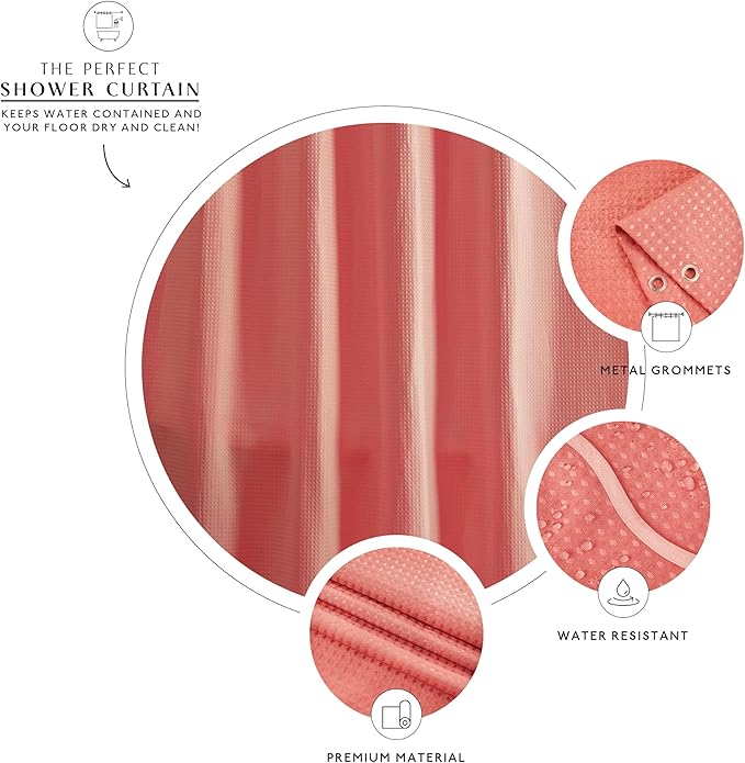 MONDAY MOOSE Scalloped Waffle Weave Shower Curtain with Rustproof Metal Grommet Holes for Bathroom, Machine Washable, Hooks Included (72x72 inch, Light Coral/Coral)