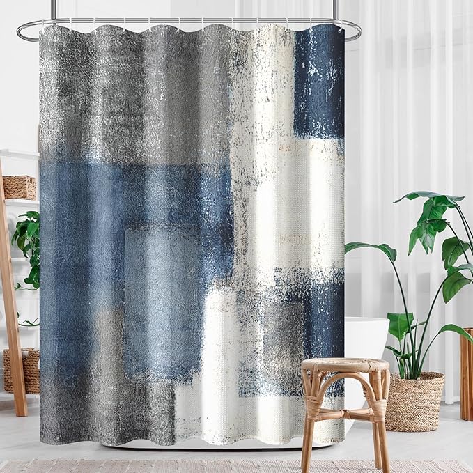 Culudea Navy Blue Grey Painting Shower Curtain Set, Gray Contemporary Modern Abstract Bathroom Window Waterproof Shower Curtain Set for Bathroom Decor