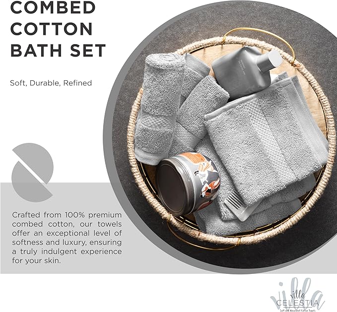 Villa Celestia 100% Cotton Bath Towel Set of 18-4 Bath Towels, 6 Hand Towels, 8 Wash Cloths, Sustainable, Soft, Highly Absorbent, Combed Cotton 18 Piece Set for Hotels, Spa, Bathroom, Dorm, Silver