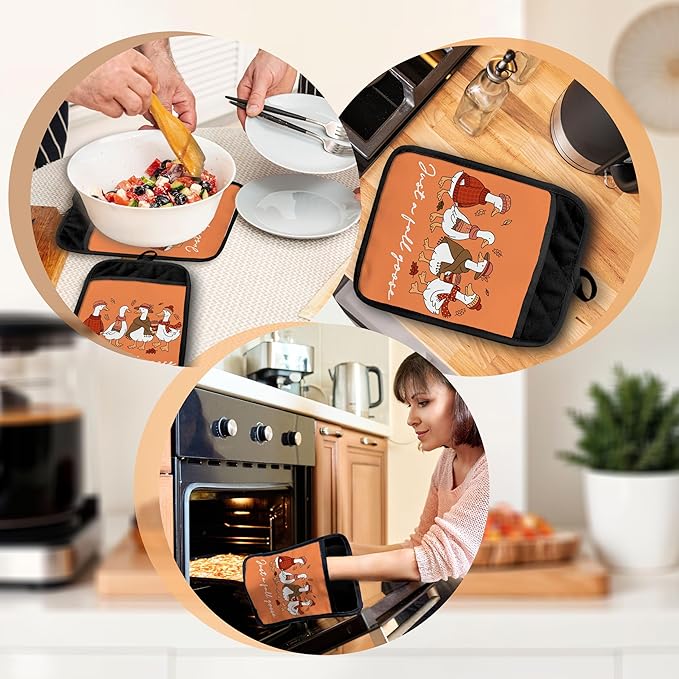 Fall Goose Pot Holders with Pockets, Goose Lover Gifts, Autumn Maple Leaf Funny Cozy Geese Oven Pot Holders Heat Resistant Oven Mitts Hot Pads for Kitchen Baking Cooking