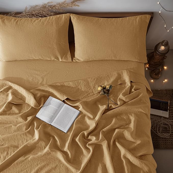 LBRO2M 100% Linen Sheet Set King Size,Bed Sheets 4 Piece Sets,Solid Color Natural Flax Bed Sheets Soft Breathable Bedding,16" Deep Pocket,All Season (King, Rust)