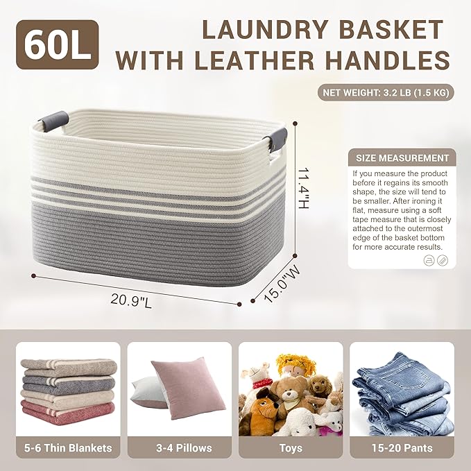 SunNewt 60L Large Laundry Basket with Leather Handles for Living Room Storage, Woven Rope Baskets Bin for Blanket, Kids Toy, Gifts, Wicker Hamper for Bedroom Dirty Clothes, 21"x15"x11" White Grey