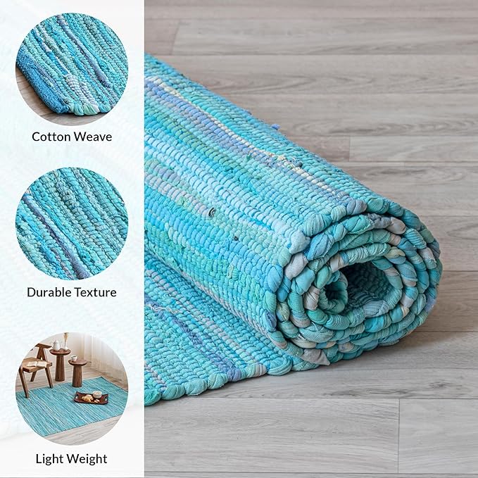 HOMEMONDE Reversible Rag Runner Rug 2x6 ft Teal Recycled Soft Cotton Chindi Rugs Hand Crafted Boho Home Decor for Kitchen, Entyrway, Bedroom, Living Room