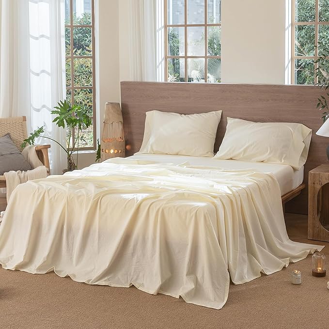 MooMee Bedding Sheet Set 100% Washed Cotton Linen Like Textured Breathable Durable Soft Comfy (Solid Cream White, Twin)