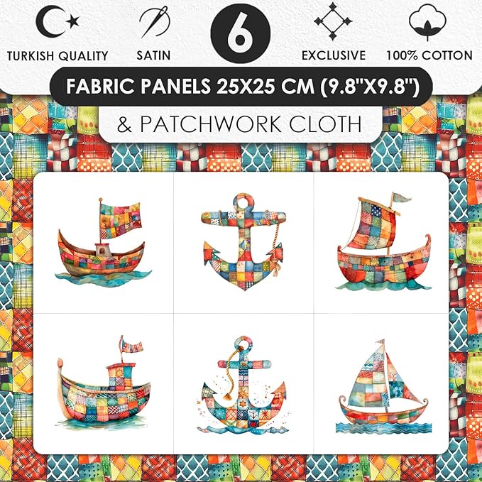 Patchwork Boat Cotton Fabric Panel – Six 10×10 inch Designs + Bonus 29.5×19.6 inch Patchwork Sheet, 100% Turkish Cotton 140 GSM