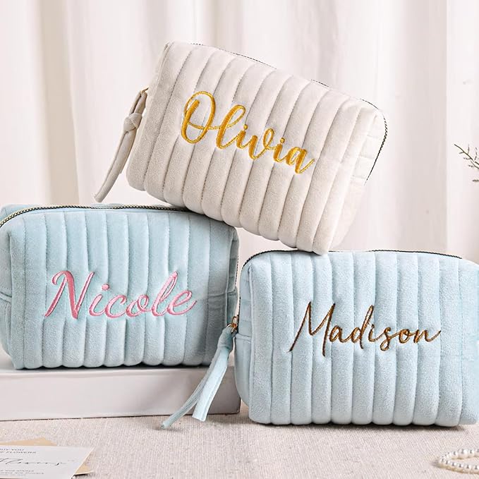 MYDREAMY Personalized Velvet Makeup Bag with Name, Custom Embroidered Cosmetic Bags for Women Girls, Initial Quilted Makeup Bag,Travel Toiletry Pouch, Gifts for Bride Bridesmaid, Birthday, Wedding