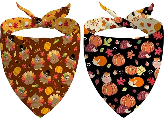 Fall Thanksgiving Dog Bandana Reversible 2 Pack Small, Pumpkin Turkey Leaves Fox Cute Thanksgiving Pet Bandanas for Dogs Adjustable Triangle Holiday Scarves for Small Medium Boy Girl Dogs