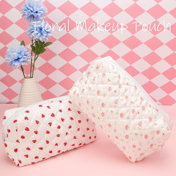 PAZIMIIK Vintage Quilted Makeup Bag Cosmetic Pouch for Brushes Pencils and Travel Make Up Accessories for Women and Girls Gauze Rose