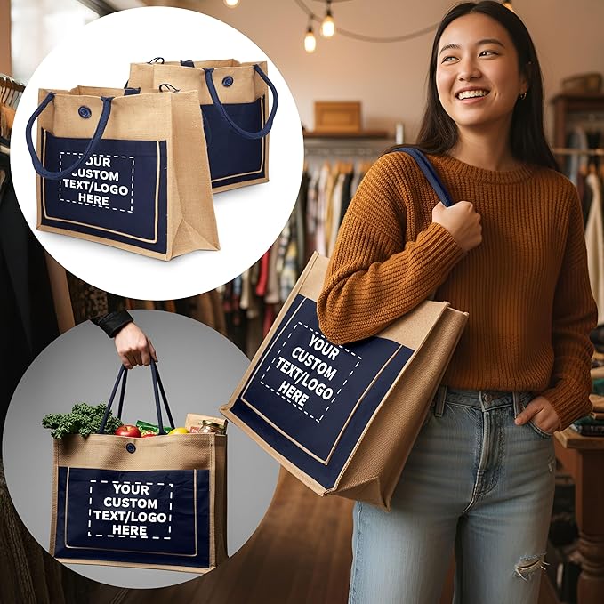 DISCOUNT PROMOS Custom Jute Tote Bags with Cotton Pocket Set of 10, Personalized Bulk Pack - Reusable, Great for Picnic, Camping, Beach, Outdoor Activities - Navy Blue