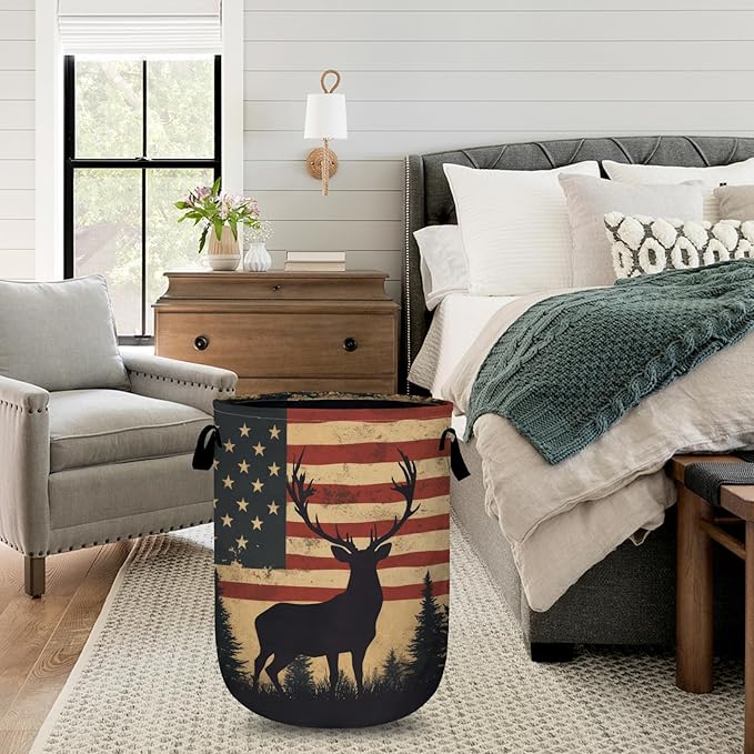 American Flag Deer Laundry Basket with Sturdy Handles, Memorial Day Patriotic Collapsible Oxford Cloth Laundry Hamper Organizer Basket for Bathroom Bedroom 15.7x20 Inch