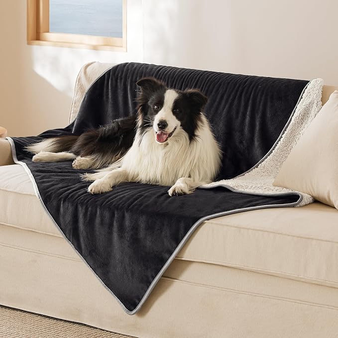Bedsure Cat Blanket for Indoor Cats - Waterproof Calming Cat Blankets for Couch Bed Protection, Sherpa Fleece Pet Blanket, Soft Plush Reversible Throw Furniture Protector, 60"x50", Black