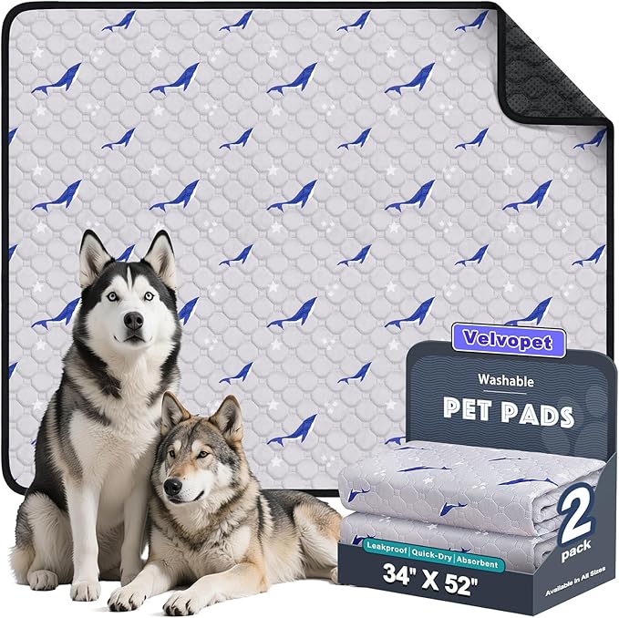 Velvopet Washable Pee Pads for Dogs, 2 Pack Puppy Pads, Super Absorbent & Leakproof with Anti-Slip Bottom for Dog Training, Crates, Car, Pet Pee Pads, and Furniture Protection,34"x52"