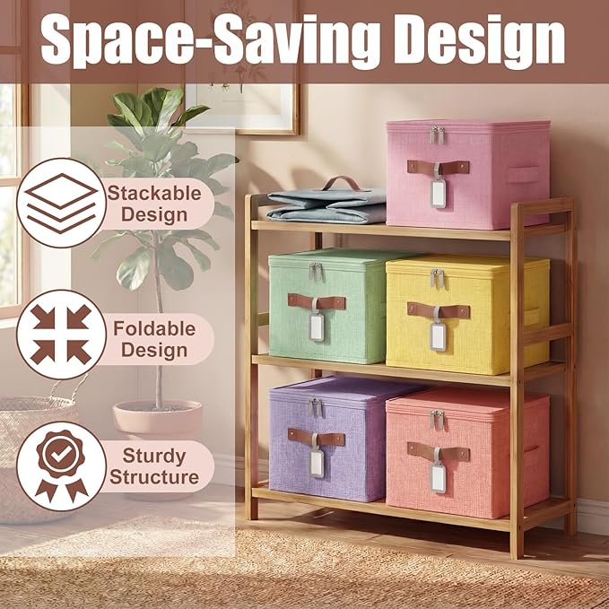 Fiwochic 6 Pack Fabric Storage Bins with Lids and Label, 10×8×7In Foldable Cotton Linen Cute Storage Box with PU Leather Handles for Closet, Bedroom, Nursery, Pink, Purple, Blue, Green, Yellow, Orange