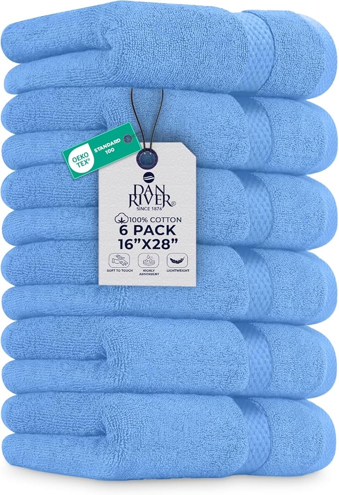 DAN RIVER 6-Pack Premium Hand Towels (16x28 Inches) - 100% Cotton, Ultra Soft, Lightweight, Highly Absorbent Towels for Bathroom, Spa, Gym, Salon, Hotel, and Travel - Medium Blue