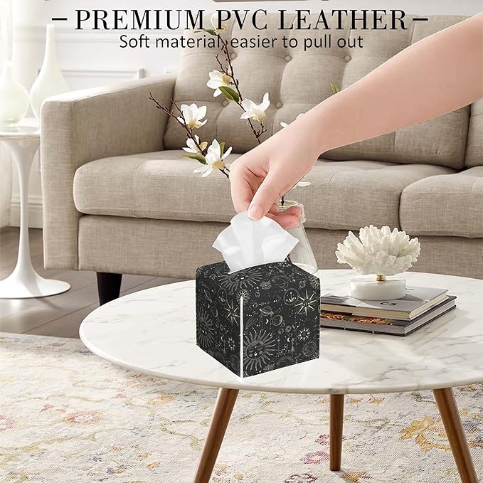 POIUBLE Zodiac Signs Tissue Box Holder Moon Phases Tissue Box Cover Square Leather Tissue Holder Organizer Portable Decorative Facial Paper Case for Home Office Bathroom Vanity Countertop