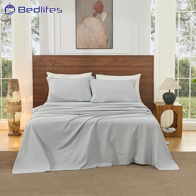 Bedlifes 100% French Pure Linen Sheets California King Size Breathable and Cooling Flax Sheet Set Soft Durable and Moisture Wicking 16 Inch Deep Pocket-4 Piece(Cal King,Grey)