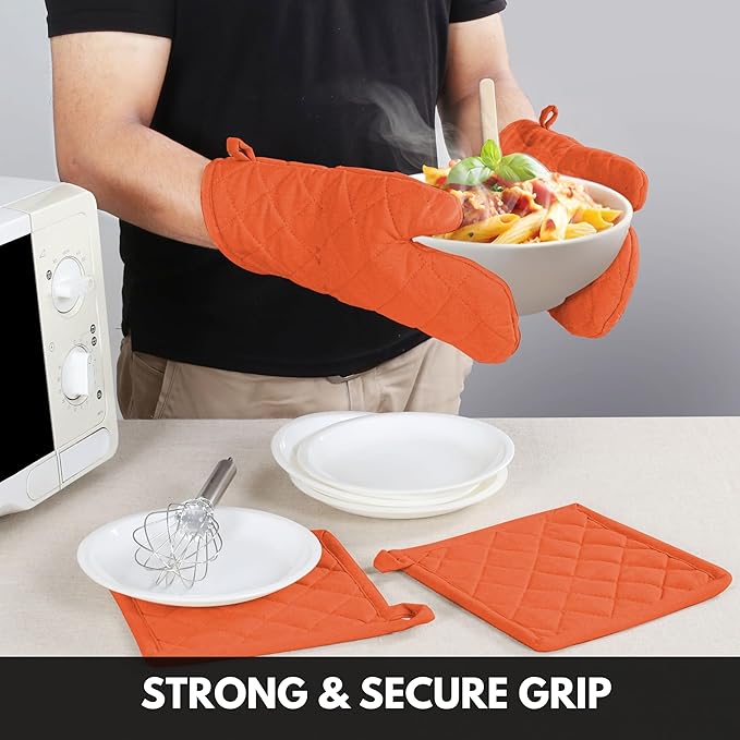 Oven Mitt (7"x13") & Pot Holder (8"x8") 100% Cotton Set of Heat Resistant Oven Gloves & Hot Pads for Gifts, BBQ, Cooking, Baking, Thanksgiving - Orange