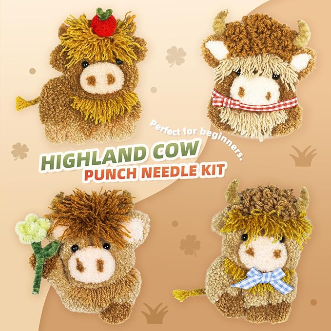 Punch Needle kit-4,Embroidery kit for Beginners,Punch Needle Kits Adults Beginner,Needles, Curved Scissors, a Tool Storage Box, Yarn, Easy-to-Follow Instructions, and Tutorial Videos(4 Highland Cow)