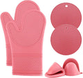 COOK WITH COLOR Silicone Oven Mitts- Heat Resistant Gloves with Soft Quilted Lining Oven Mitt Pot Holders for Cooking and BBQ, Pink, Mitt Set