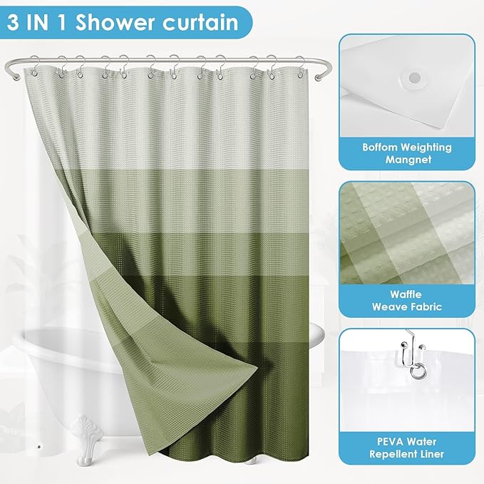 Nesphy Shower Curtain and Liner, Sage Green Ombre Striped 3 in 1 Shower Curtain and PEVA Liner Set with 12 Rust-Resistant Metal Hooks, Waterproof Fabric Shower Curtains for Bathroom, 72 W x 72 H