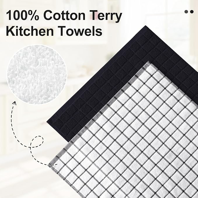 Homaxy Premium Cotton Kitchen Towels 16"x 28", Large Natural Ring Spun 390 GSM Dish Towels, Super Absorbent Terry Kitchen Hand Towels, Soft Tea Towels with Hanging Loop, Black Check Design, 8 Pack