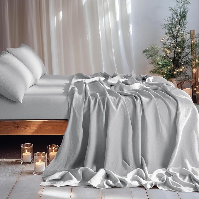 LBRO2M 100% Linen Sheet Set 24" Deep Pocket Queen Size,Bed Sheets 4 Piece Sets,Solid Color Natural Flax Bed Sheets Soft Breathable Bedding, All Season (Queen, Grey)