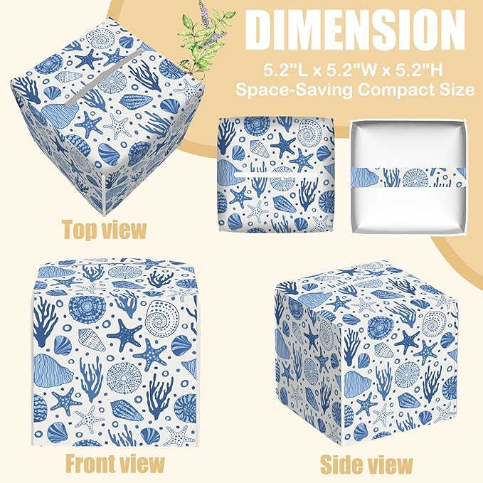 BLYKVGHQ Undersea World Square Tissue Box Cover Starfish and Seashell Tissue Box Holder Facial Cube Paper Dispenser Leather Decorative Organizer Home Office Desk Decor, 5.2"x5.2"x5.2"