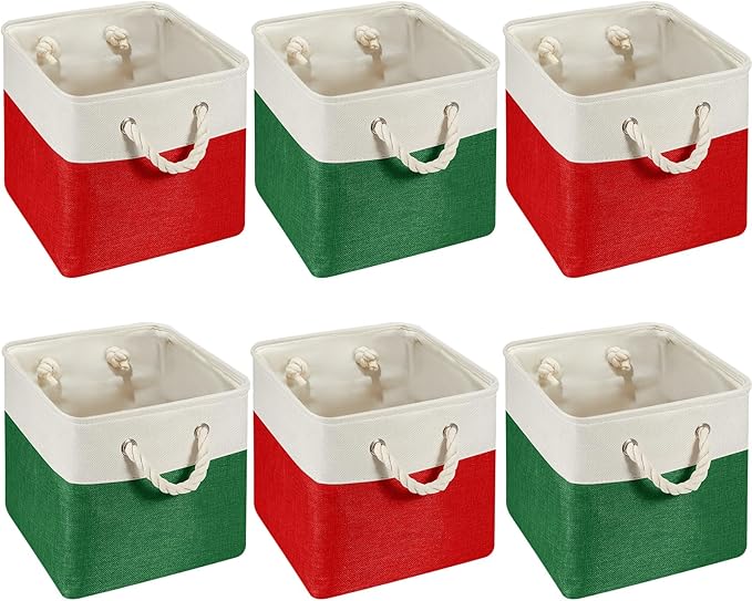 Geiserailie 6 Pcs 11 x 11 Inch Cube Storage Bins Fabric Storage Organizer Bins Foldable Cube Baskets with Sturdy Carry Handles Wicker Baskets for Home (Christmas Color)