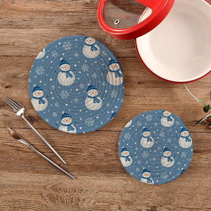 Boccsty Christmas Blue Snowman Trivet Mat 2PCS Winter Snowflakes Round Woven Potholders Kitchen Table Countertop Protector Hot Pads Farmho