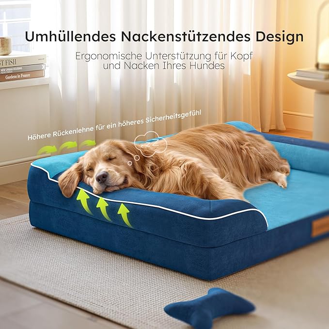 CWAWZ Dog Beds for Large Dogs, Orthopedic Dog Bed with Cooling Gel Memory Foam, Waterproof Large Pet Bed with Removable Washable Cover, 36" Pet Sofa Couch Dutch Velvet with Bone Toy, Navy Blue