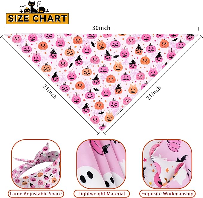 Halloween Dog Bandanas Reversible 2 Pack, Pink Pumpkin Ghost Bat Cute Halloween Pet Bandanas for Dogs Adjustable Triangle Holiday Scarves for Medium Large Extra Large Boy Girl Dogs