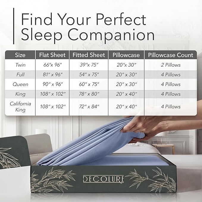 DECOLURE 100% Viscose Derived from Bamboo Sheets Full Size - Luxury 6 Pc Naturally Cooling Sheets, Ultra Soft Bed Set - Deep 17" Pockets, Durable Double Stitching, Oeko Tex Standard (Light Blue)