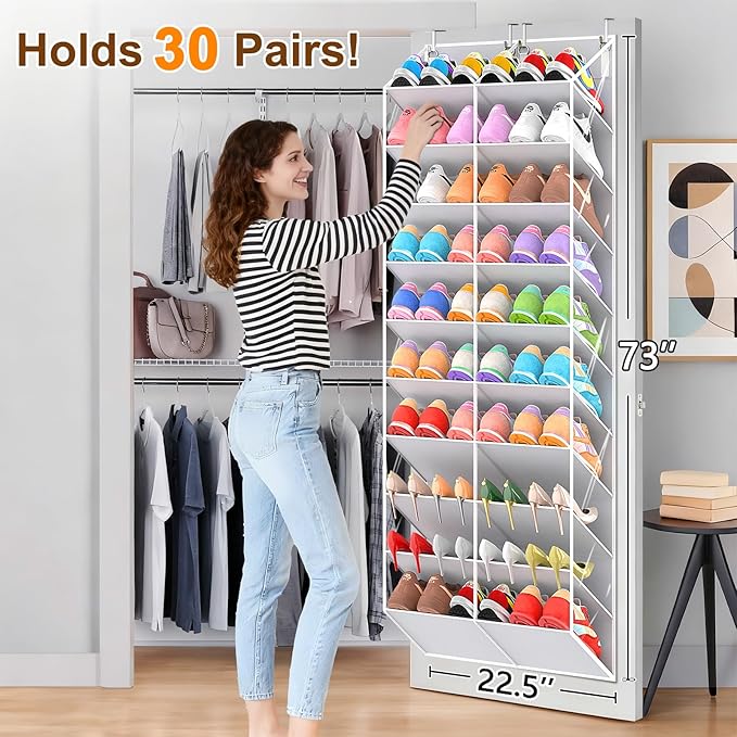 UVIAHOMI 30 Pairs Over the Door Shoe Organizer, Clear Pockets Hanging Shoe Storage for Closet, 10-Tier Door Shoes Rack Storage Fit All the Family's Sneakers, Boots, Heels, Light Grey