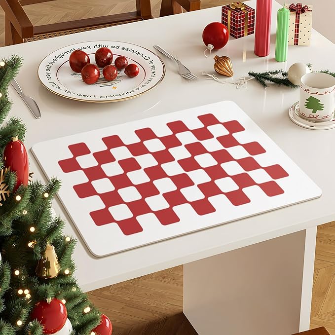 Red Dish Drying Mat Hide Stain Coffee Bar Mat Fast Dry Modern Checkered Kitchen Accessories Non Slip Mat, New Year Gift for Family Friends Home Decor,Red Checkered