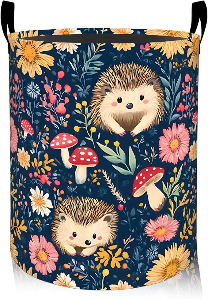ainori Cute Hedgehog Laundry Basket, Oxford Cloth Playful Cartoon Dirty Clothes Collapsible Hamper for Room Decor, Floral Mushroom Print Gifts Toy Organizer 19.7 * 15.8 Inch for Bedroom Bathroom Dorm