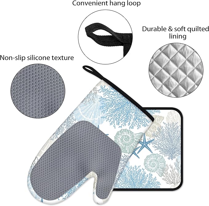 Coastal Oven Mitts and Pot Holders Sets of 4 Nautical Kitchen Decor Starfish Seashell Beach Ocean Themed Kitchen Mitts Potholders Silicone Heat Resistant Oven Gloves Hot Pads for Baking BBQ Grilling