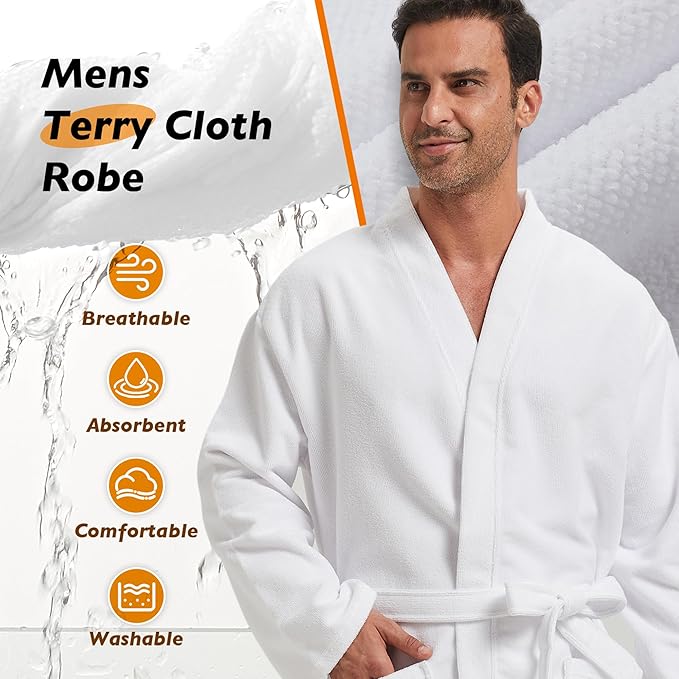 FashGudim Terry Cloth Robes for Men Big and Tall Short Mens Kimono Robe Super Absorbent Spa Bathrobe Calf Length With Pockets