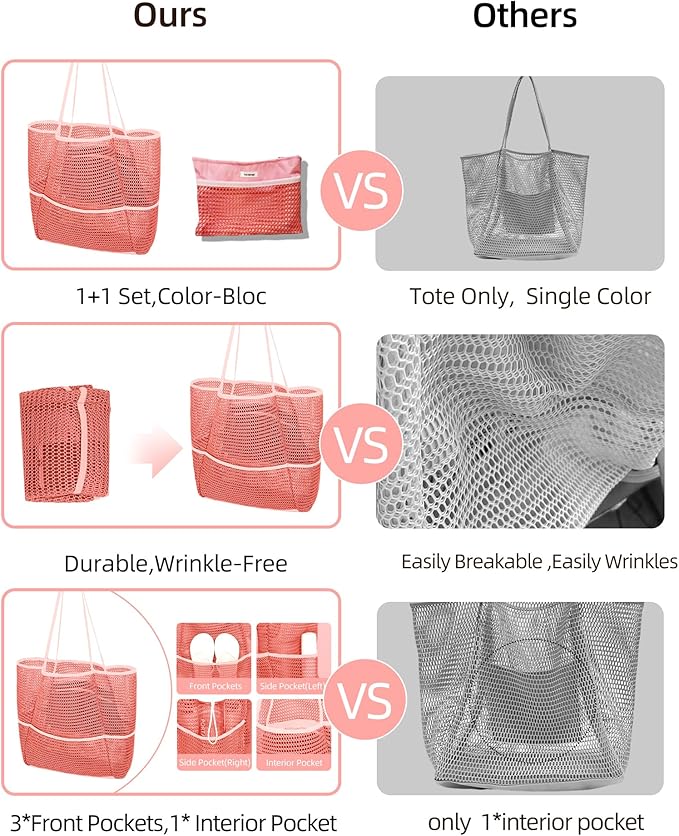 ToKismet Mesh Beach Tote Bag Packable,2026 New 2-in-1 Large Lightweight Foldable Beach Bags with Multiple Pockets for Women