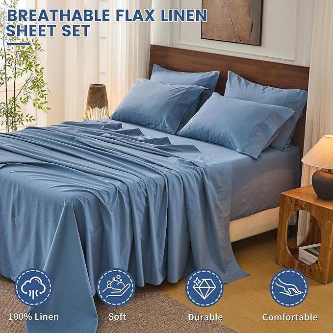Bedlifes 100% French Flax Linen Sheets Set California King Size-6 Piece Extra Deep Pocket 18-24",Soft Breathable Cal King Bed Sheets with Temperature Regulating & Moisture-Wicking(Flint Blue