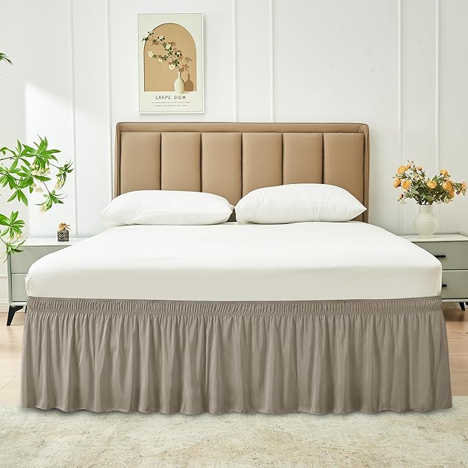 Biscaynebay Wrap Around Bed Skirts for Queen Beds 15" Drop, Taupe Adjustable Elastic Dust Ruffles Easy Fit Wrinkle & Fade Resistant Silky Luxurious Fabric Machine Washable