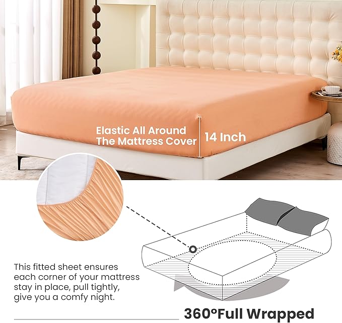 Simple&Opulence Belgian Linen Sheet Set Solid Color - 4 Pieces (1 Flat Sheet & 1 Fitted Sheet & 2 Pillowcases) Natural Flax Cotton Blend Soft Bedding Breathable Farmhouse - Peach, King Size