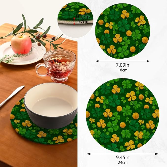 Boccsty Saint Patricks Day Trivet Mat 2PCS Clover Leaves Coin Round Woven Potholders Kitchen Table Countertop Protector Hot Pads Farmhouse Coasters Counter Mats for Cooking Baking