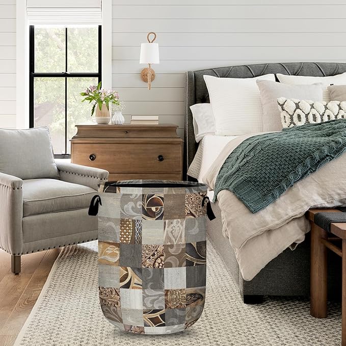 Geometric Patchwork Laundry Basket with Sturdy Handles, Collapsible Oxford Cloth Laundry Hamper Organizer Basket for Bathroom Bedroom 15.7x20 Inch