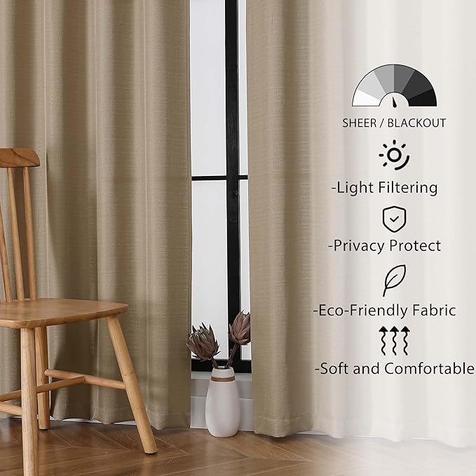 Lecloud Bessie Camel Curtains 63 Inch Length 2 Panels, Breathable Light Filtering Faux Linen Bedroom Curtains, Rod Pocket Curtain Panels for Living Room, Each 40 W x 63 L