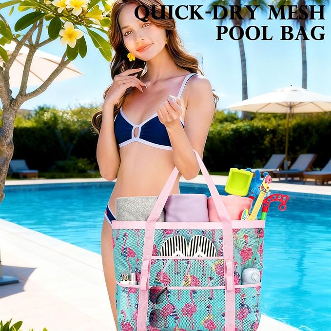 Fammart Mesh Beach Bag, Large Beach Tote with Zipper Pocket for Family Pool Bag for Toys & Vacation Essentials