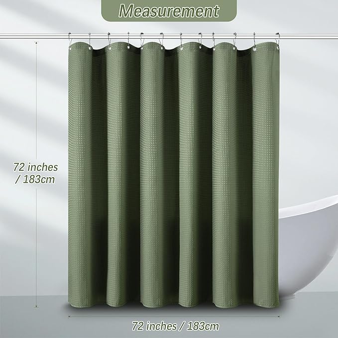 PANGSINNE Sage Green Shower Curtain - Waffle Weave Fabric Heavy Duty for Bathroom, Water Repellent Weighted 256GSM Hotel Quality Machine Washable Bath Curtains with 12 Hooks, 72Wx72H