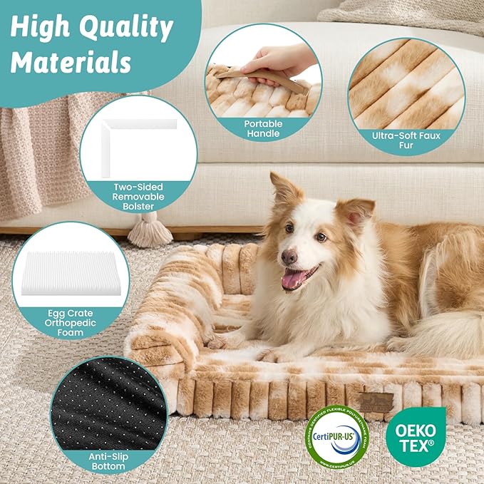 COZY KISS Cute Dog Bed, Faux Rabbit Fur Orthopedic Foam Dog Bed with Sides, Removable Washable Cover & Waterproof Lining, Comfortable Pet Couch for Large Dogs, Tie-Dye Brown (44" L x 32" W x 7" Th)